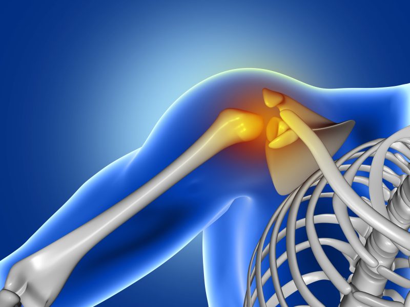 3D render of a blue medical image of close up of shoulder bone